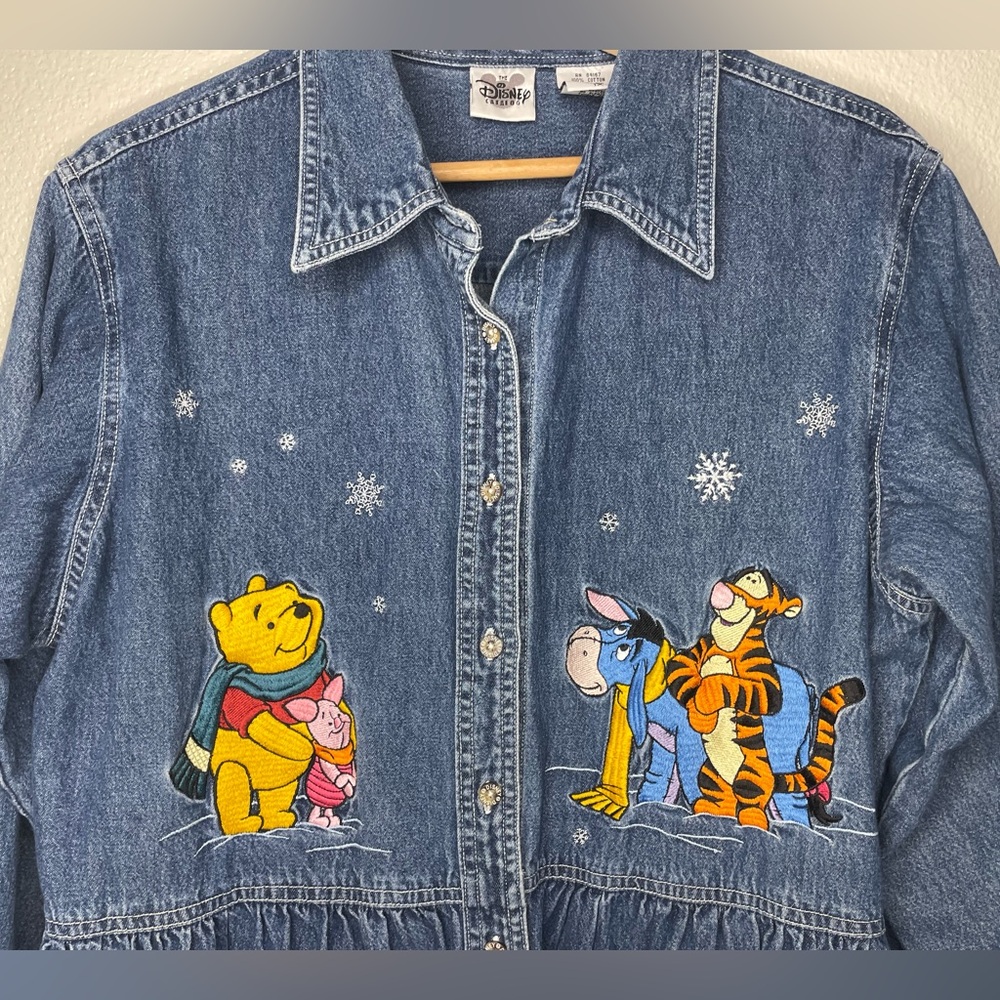 VINTAGE DISNEY Catalog Winnie the Pooh Maxi Denim Dress Size 1x Winter Snowflake